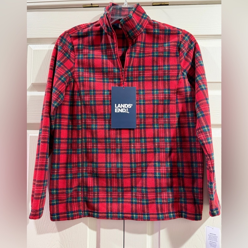 Lands’ End Fleece Quarter Zip Pullover Women’s Sz Small Multicolor Plaid NWT